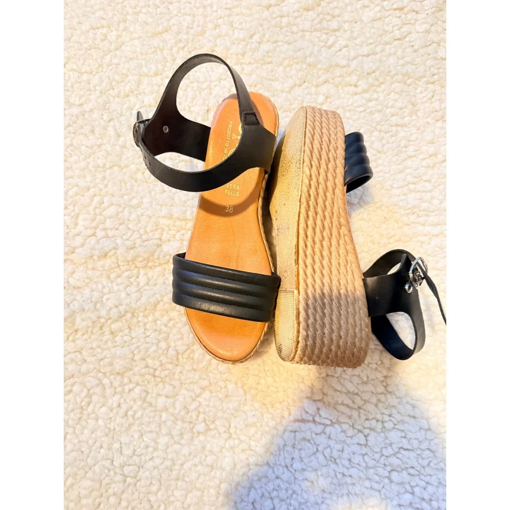 ONGE Black Italian Leather Platform Espadrille Wedge Sandals Vera Pelle Size 38